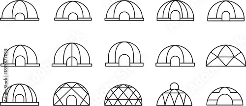 Geodesic dome architecture variations, igloo structure designs, architectural dome concept sketches, modern construction geometry, CAD drawing flat vector illustration