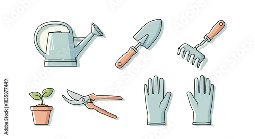 A collection of essential gardening tools for planting and cultivation, including a watering can, trowel, rake, and gloves, depicted in a clean line art illustration style
