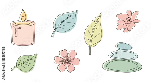 Set of hand-drawn line art icons for spa, wellness, and relaxation, featuring a candle, zen stones, leaves, and flowers
