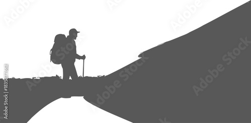 Hiker silhouette on mountain peak isolated on transparent background