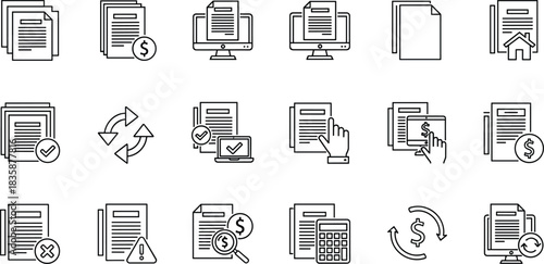 Financial document, contract, and digital paperwork line icons set. Accounting, file transfer, money transaction, and property legal vector elements.