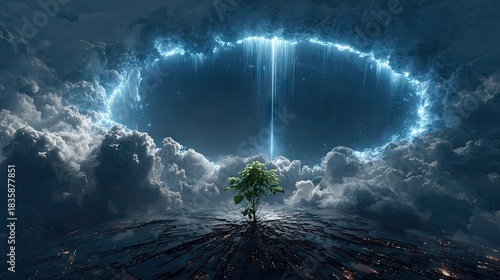 Cinematic sci-fi concept of a green tree growing inside a dark glowing mechanical crater with a beam of light shooting into the sky, photosynthesis