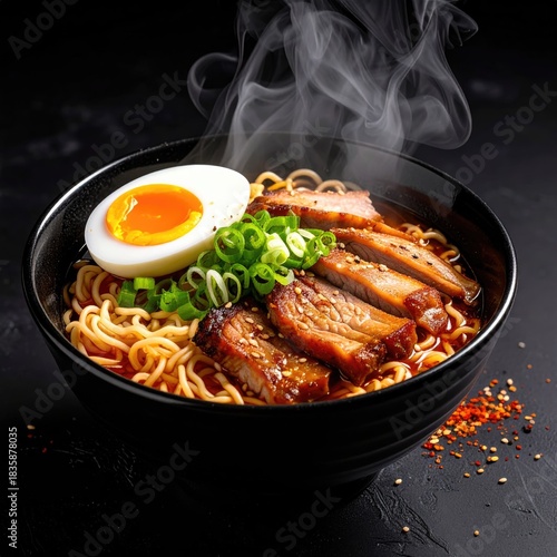 Steaming bowl of ramen on black