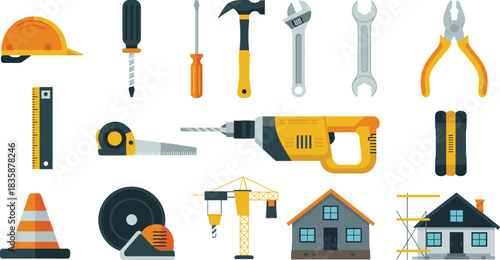 Flat construction tool illustration set with power drill, hand tools, safety gear, building equipment, house icons, modern vector design collection