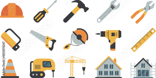 Flat construction tool illustration set with power drill, hand tools, safety gear, building equipment, house icons, modern vector design collection