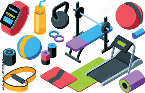 Isometric fitness equipment set with gym accessories, workout machines, exercise tools, sports gear collection, modern vector illustration for health and training
