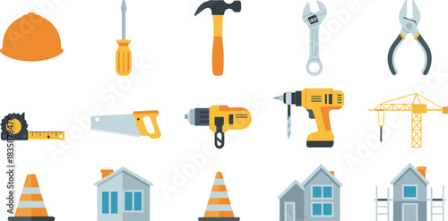 Flat construction tool illustration set with power drill, hand tools, safety gear, building equipment, house icons, modern vector design collection