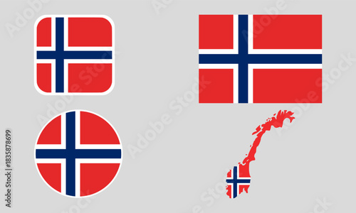 Norway Flag Icon Set in Square, Round, and Map Shapes. Clean Modern Collection. Perfect for use in apps, websites, presentations, infographics, educational materials, travel content.	