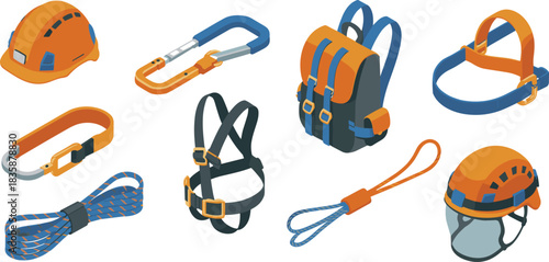 Isometric industrial safety equipment set with helmets, harnesses, carabiners, ropes, protective gear, climbing accessories, modern vector illustration collection