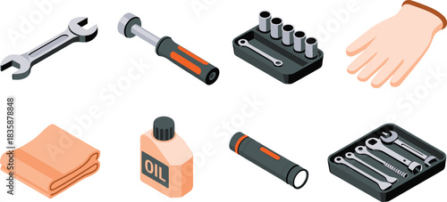 Isometric maintenance tool set with wrenches, socket tools, lubricating oil, flashlight, cleaning cloth, mechanic equipment icons, modern vector illustration