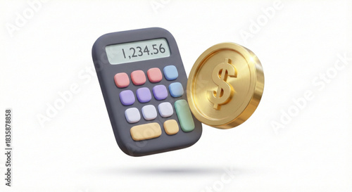 Realistic 3D calculator with glossy buttons, perfect for finance and accounting visuals