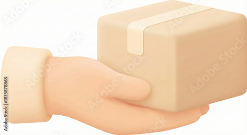 Soft 3D hand carrying a cardboard box symbolizing careful handling, safety, and secure delivery