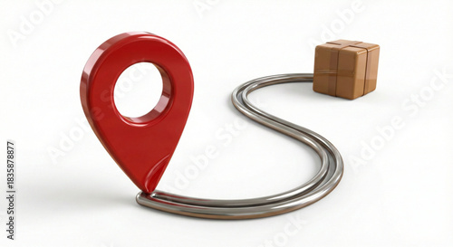 3D location pin connected to a parcel box representing delivery tracking and navigation