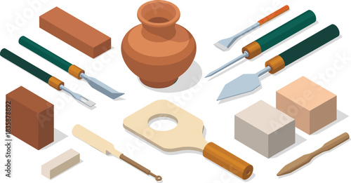 Isometric pottery and sculpting tool set with clay blocks, ceramic pot, carving tools, crafting accessories, artisan equipment, modern vector illustration
