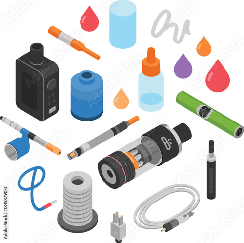 Isometric vape device and e-cigarette accessories set with coils, tanks, pods, chargers, e-liquid bottles, modern vaping equipment illustration