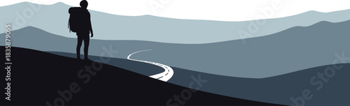 Hiker silhouette overlooking mountain landscape at sunrise isolated on transparent background