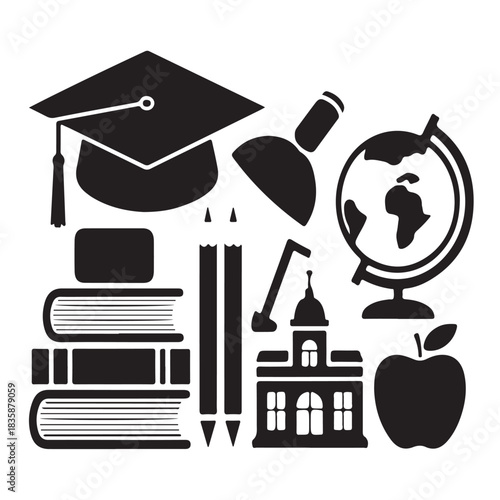 Black and white illustration of school supplies, including books, globe, lamp, and apple isolated on white background