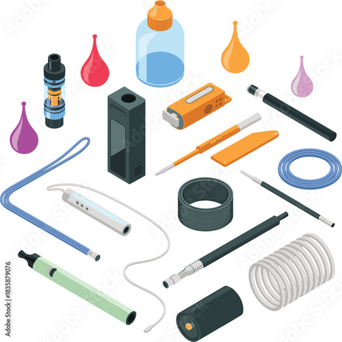 Isometric vape device and e-cigarette accessories set with coils, tanks, pods, chargers, e-liquid bottles, modern vaping equipment illustration