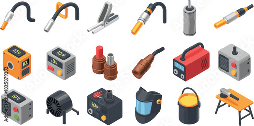 Isometric welding tool illustration set with welding machines, electrodes, clamps, protective gear, workshop equipment, industrial vector icons for fabrication work