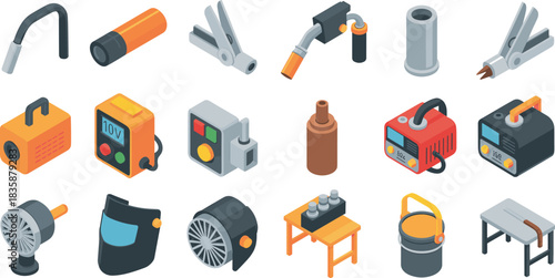 Isometric welding tool illustration set with welding machines, electrodes, clamps, protective gear, workshop equipment, industrial vector icons for fabrication work