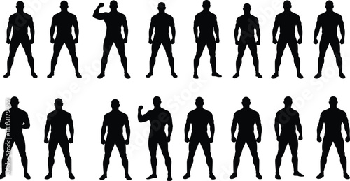 Bodybuilder silhouette set, muscular male figures, fitness poses, strong man vectors, gym clipart, bodybuilding illustrations, athletic icons