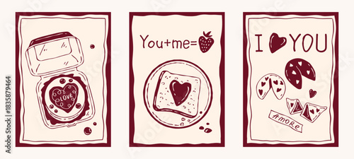 Hand-drawn doodle vector set of Valentine’s Day cards with a cake, toast, fortune cookie and heart elements. Suitable for greeting cards, prints and cute holiday designs
