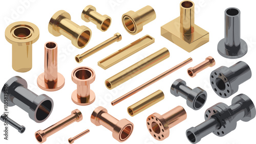 Metal pipe fittings collection with brass, copper, and steel connectors, industrial plumbing components, realistic 3D render parts for engineering design