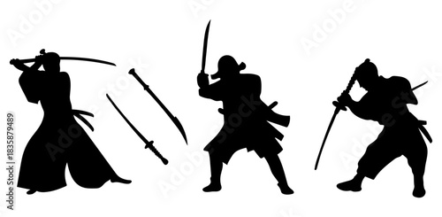 Samurai Silhouette Set. Traditional Warrior with Katana Poses Vector Collection