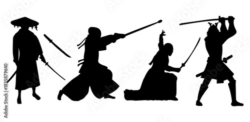 Samurai Silhouette Set. Traditional Warrior with Katana Poses Vector Collection