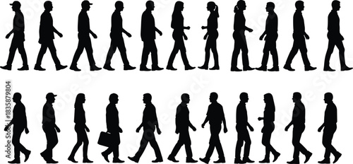 Large Collection of Diverse Walking People Silhouettes: Men and Women Walking, Commuting, and Exercising in Profile View Vector Set, Isolated on White.