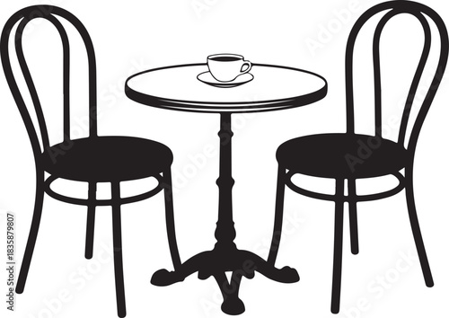 Bistro table with chairs and coffee cup silhouette saucer cafe
