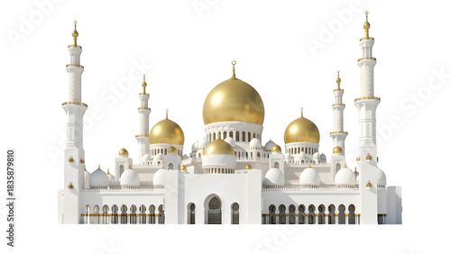 White mosque with golden domes isolated on transparent background
