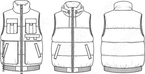 Technical flat drawing set of a quilted puffer vest with zipper closure, pockets, and hood for fashion design, apparel, and clothing templates.