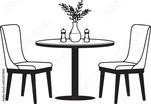 Black Silhouette Of A Round Table With Two Chairs And Tableware furniture dining