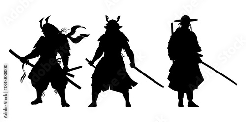 Samurai Silhouette Set. Traditional Warrior with Katana Poses Vector Collection