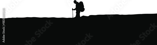 Hiker silhouette with backpack and trekking poles isolated on transparent background