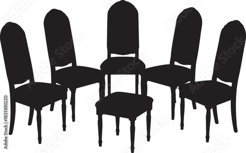 Black Silhouette of Five Chairs Arranged in a Semi- Circle furniture interior