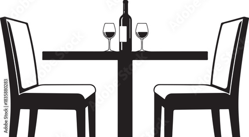 Black Silhouette of Table with Wine Bottle and Two Glasses chairs