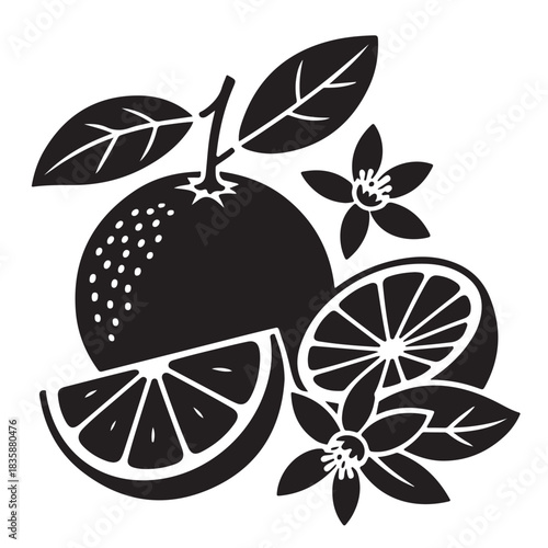 Orange fruit with flower and leaf isolated on white background for healthy food or juice product design