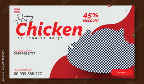 Delicious roasted chicken with fresh vegetables and herbs on a red background with percentage discount offer