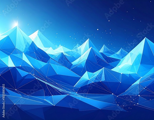 Blue, geometric mountain range against a dark, starry sky
