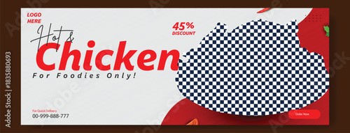 Delicious roasted chicken with fresh vegetables and herbs on a red background with percentage discount offer