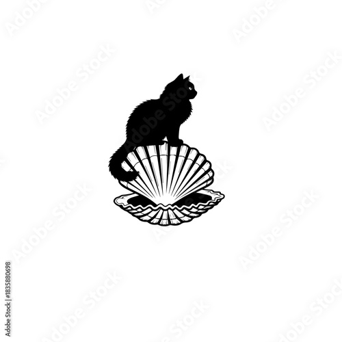 Black cat on scallop shell