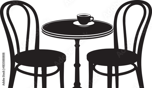 Cafe table with one coffee cup and two chairs silhouette vector illustration