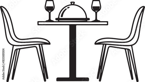 Line art illustration of a table with two chairs, wine glasses and a cloche food cover