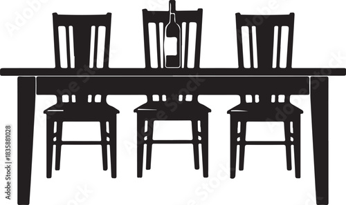 Dining table with three chairs and wine bottle silhouette vector illustration