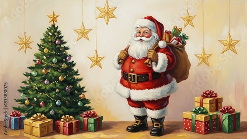 Santa claus with a sack of gifts standing next to a decorated christmas tree