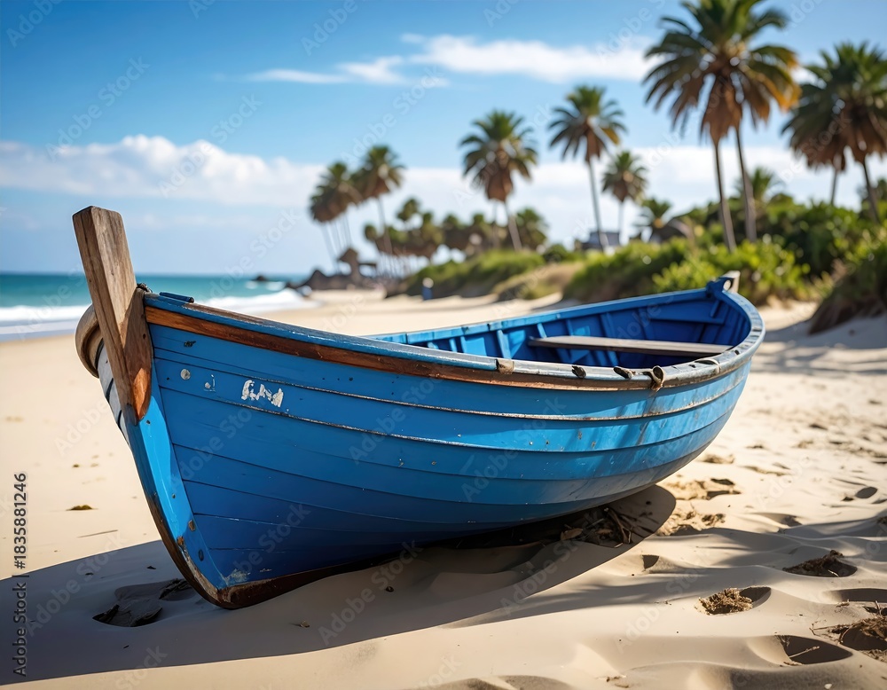 Naklejka premium Blue rowboat on beach, palm trees, sunny, tropical scene