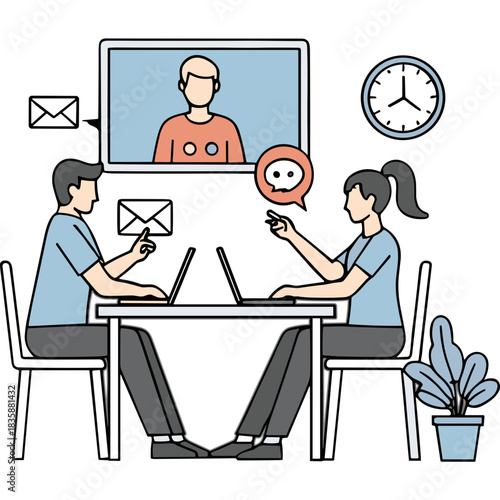 Two people in a meeting with a video call participant in a light blue office setting with laptops and a clock on the wall