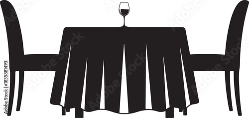 Table with draped cloth, one wine glass and two chairs silhouette vector illustration